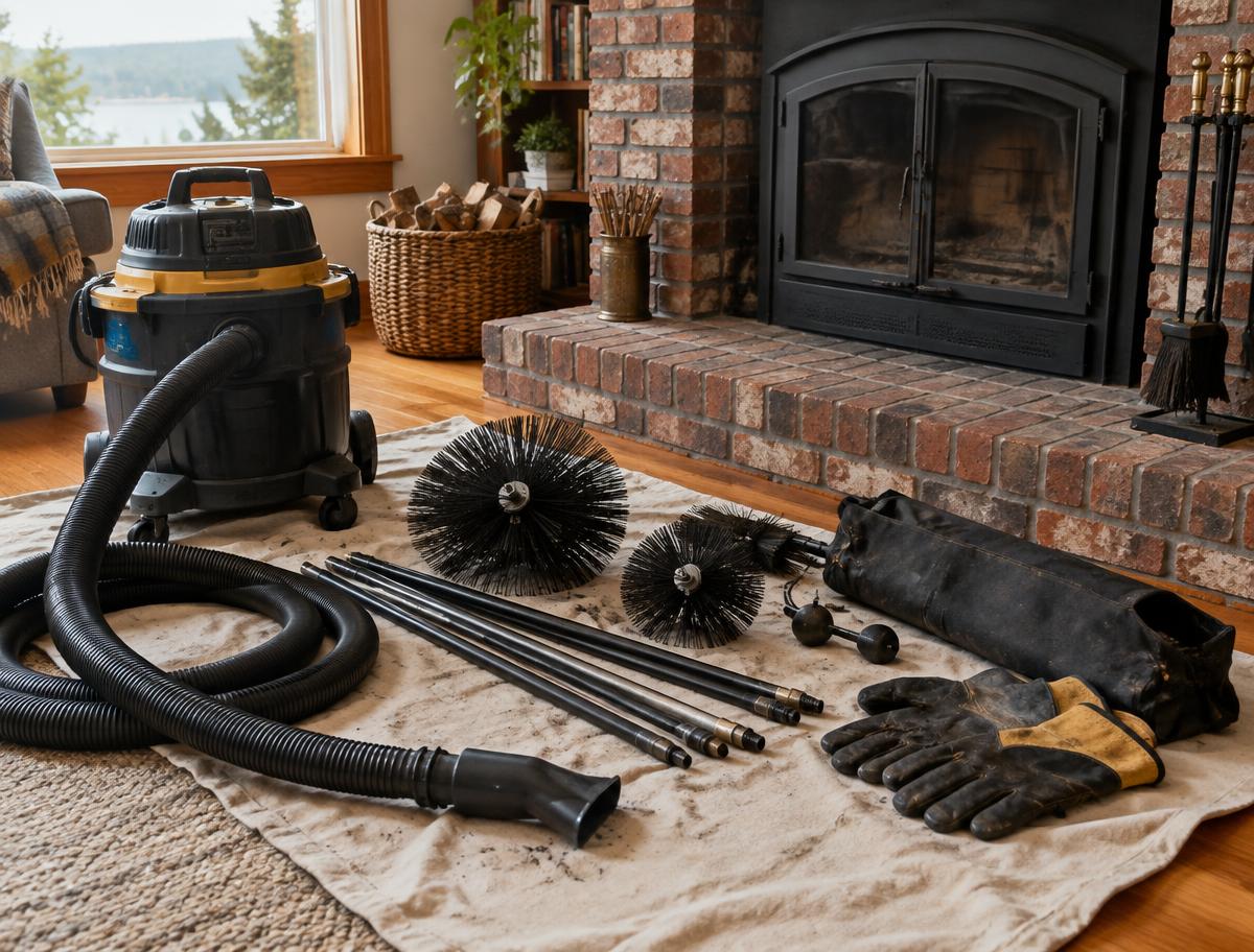 Chimney cleaning brushes, vacuum and protective equipment arranged by a brick fireplace