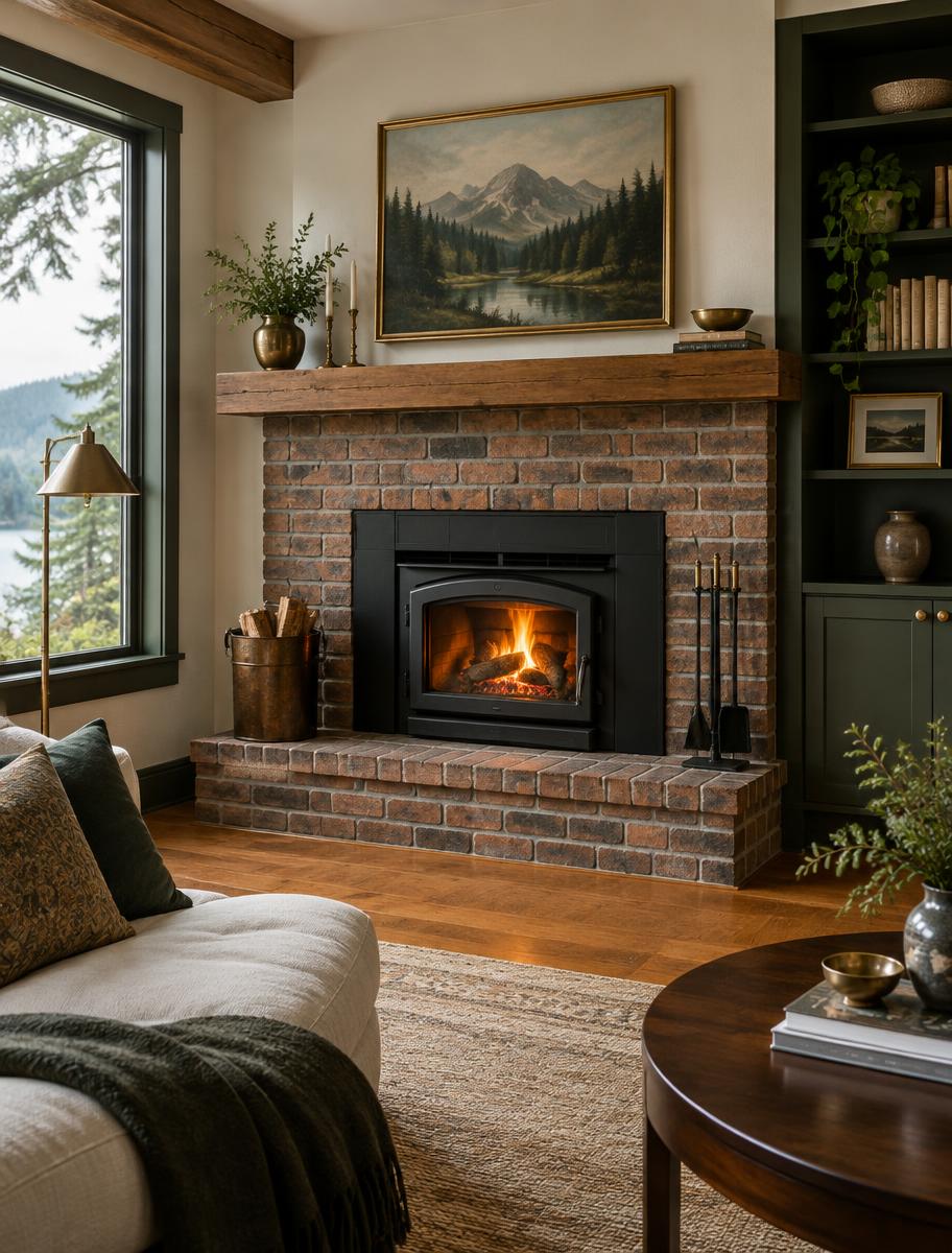 Brick fireplace with a wood-burning insert in a Pacific Northwest home