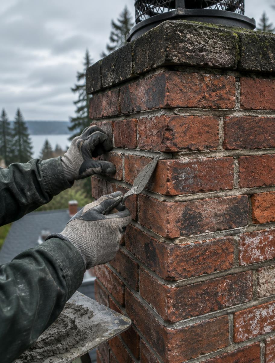 Gloved hands applying mortar to a brick chimney
